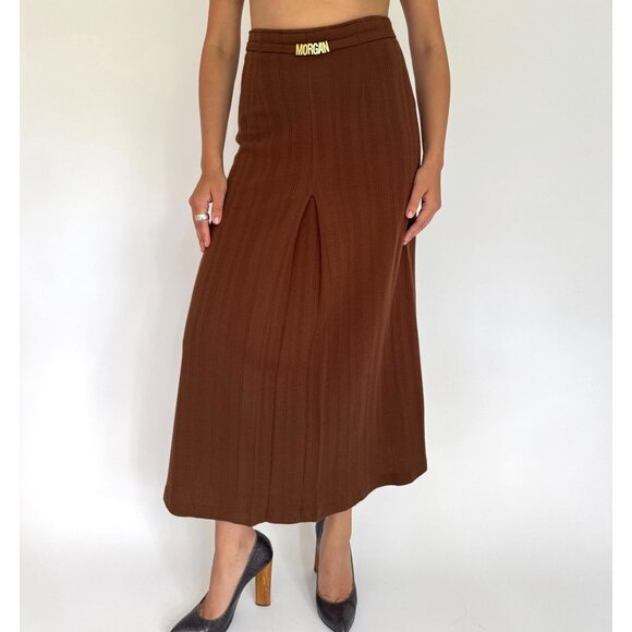 90s vintage brown Morgan belted casual dressy pleated high rise long midi skirt - Picture 1 of 8